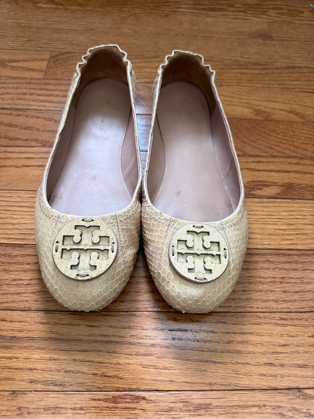 Tory Burch Cream Snake-Embossed Reva Ballet Flats with Logo